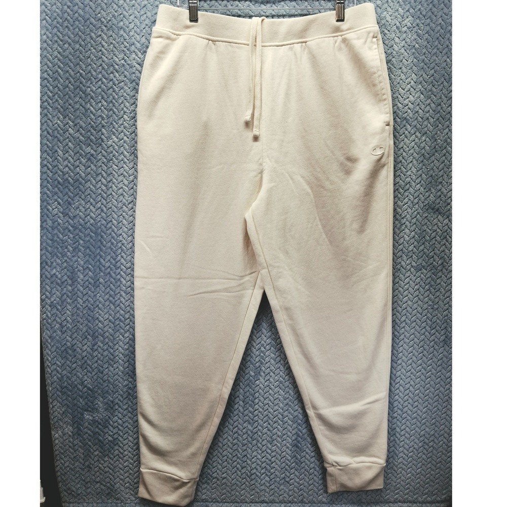 Champion Mens Joggers Butter Soft Off White Fleece Sweatpants Large Tapered Leg